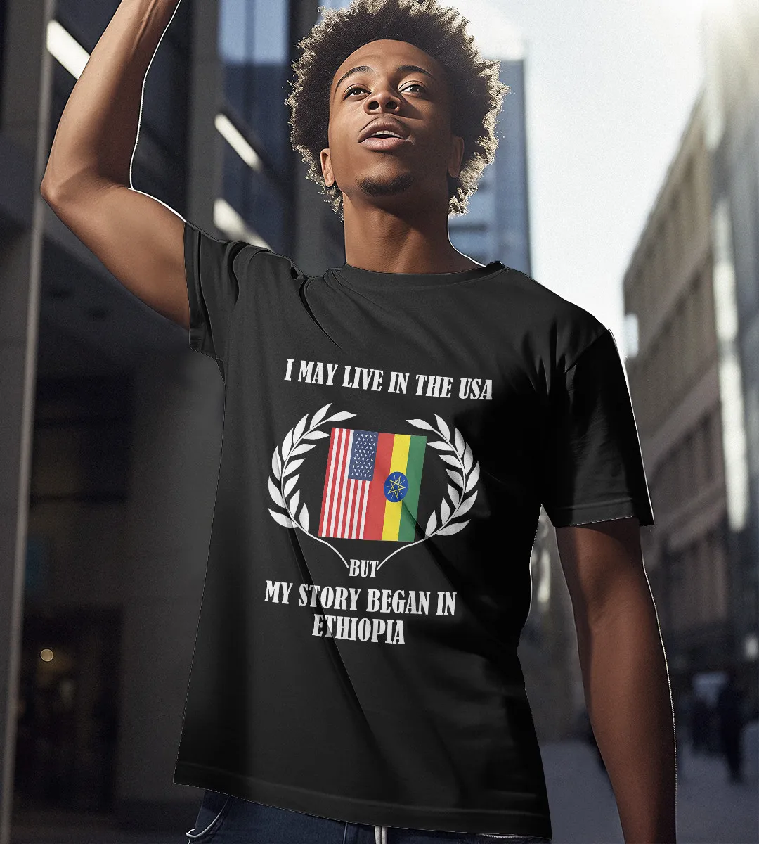 1sttheworld T-Shirt - Ethiopia Flag USA Flag My Story Began T-Shirt Black A35