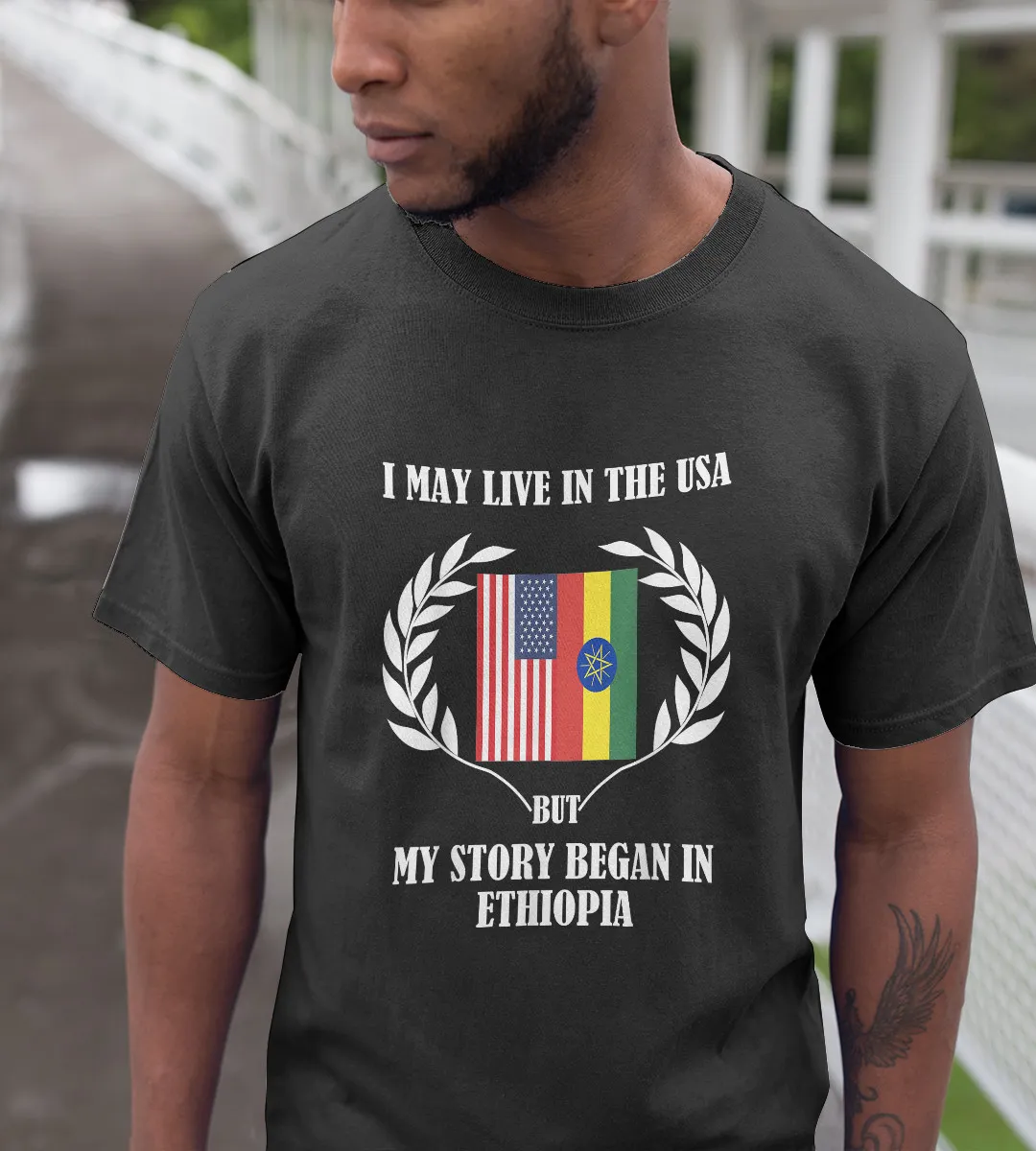 1sttheworld T-Shirt - Ethiopia Flag USA Flag My Story Began T-Shirt Black A35