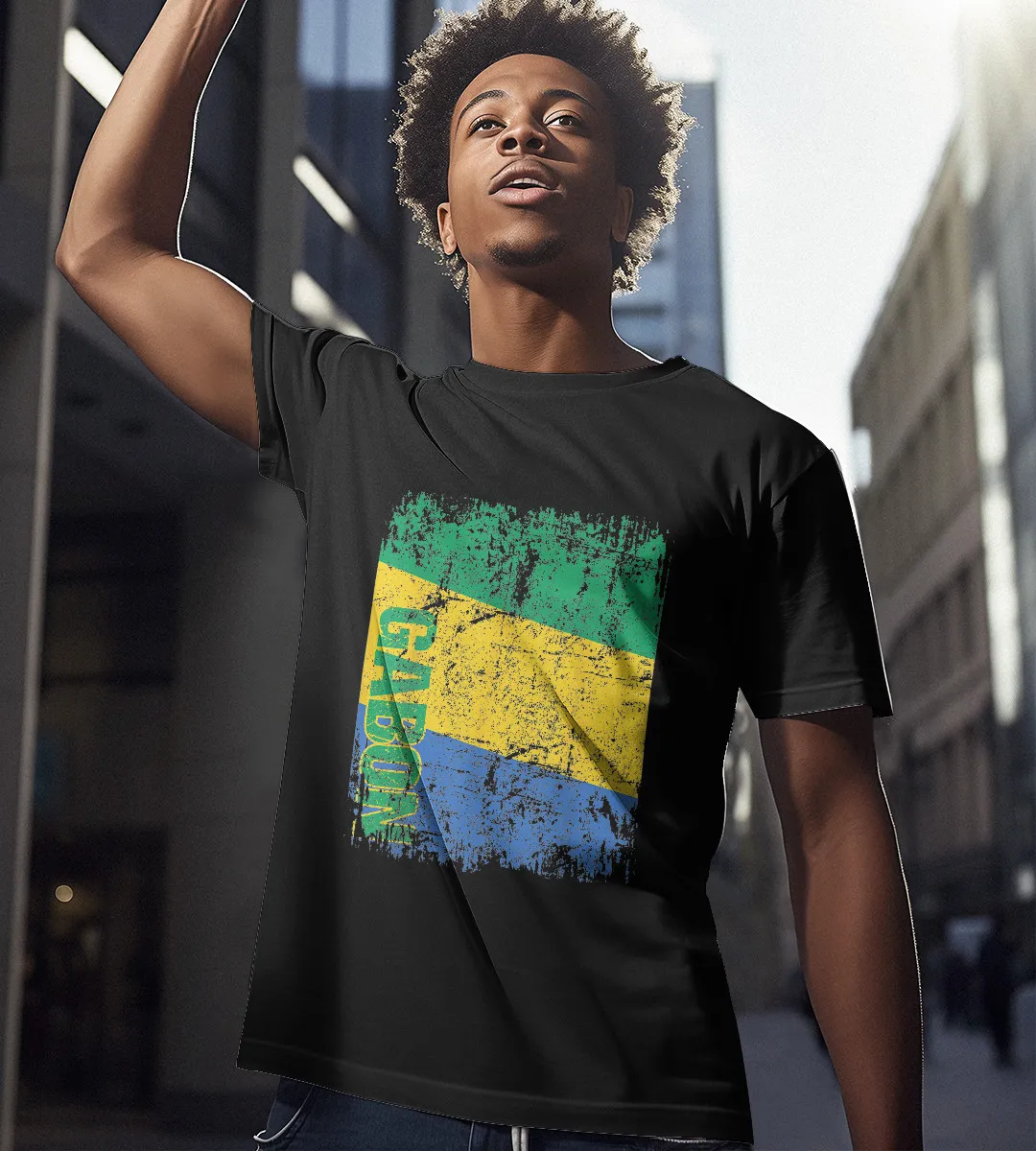 1sttheworld T-Shirt - Gabon Flag Vintage Distressed T-Shirt Black A35