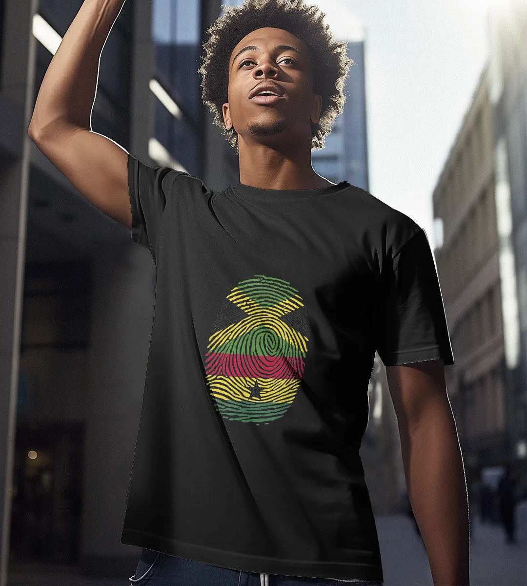 1sttheworld T-Shirt - Half Jamaica and Ghana Fingerprint T-Shirt Black A35