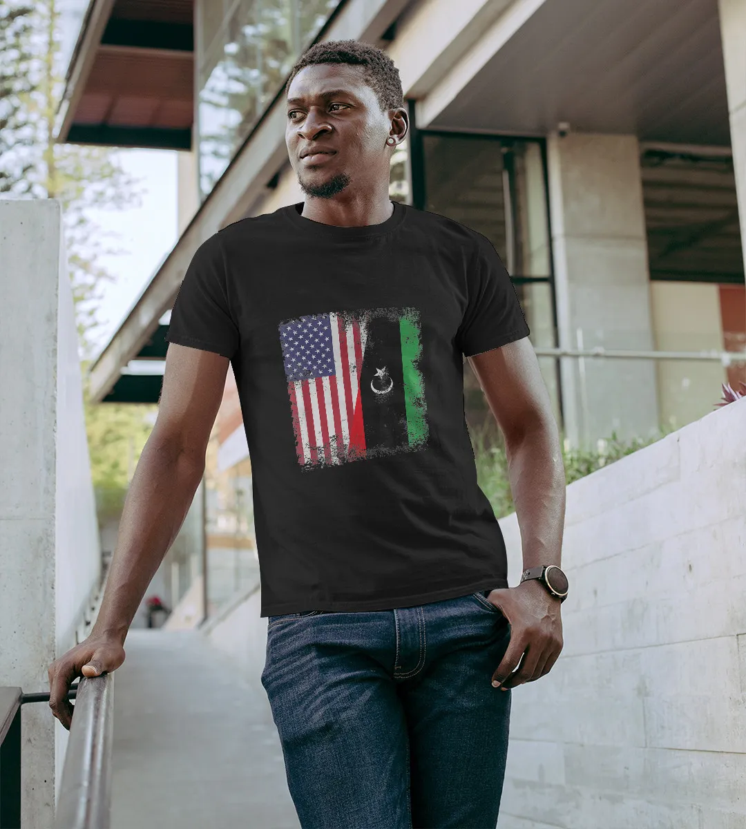 1sttheworld T-Shirt - Half Libyan Flag Half Usa Flag T-Shirt Black A35