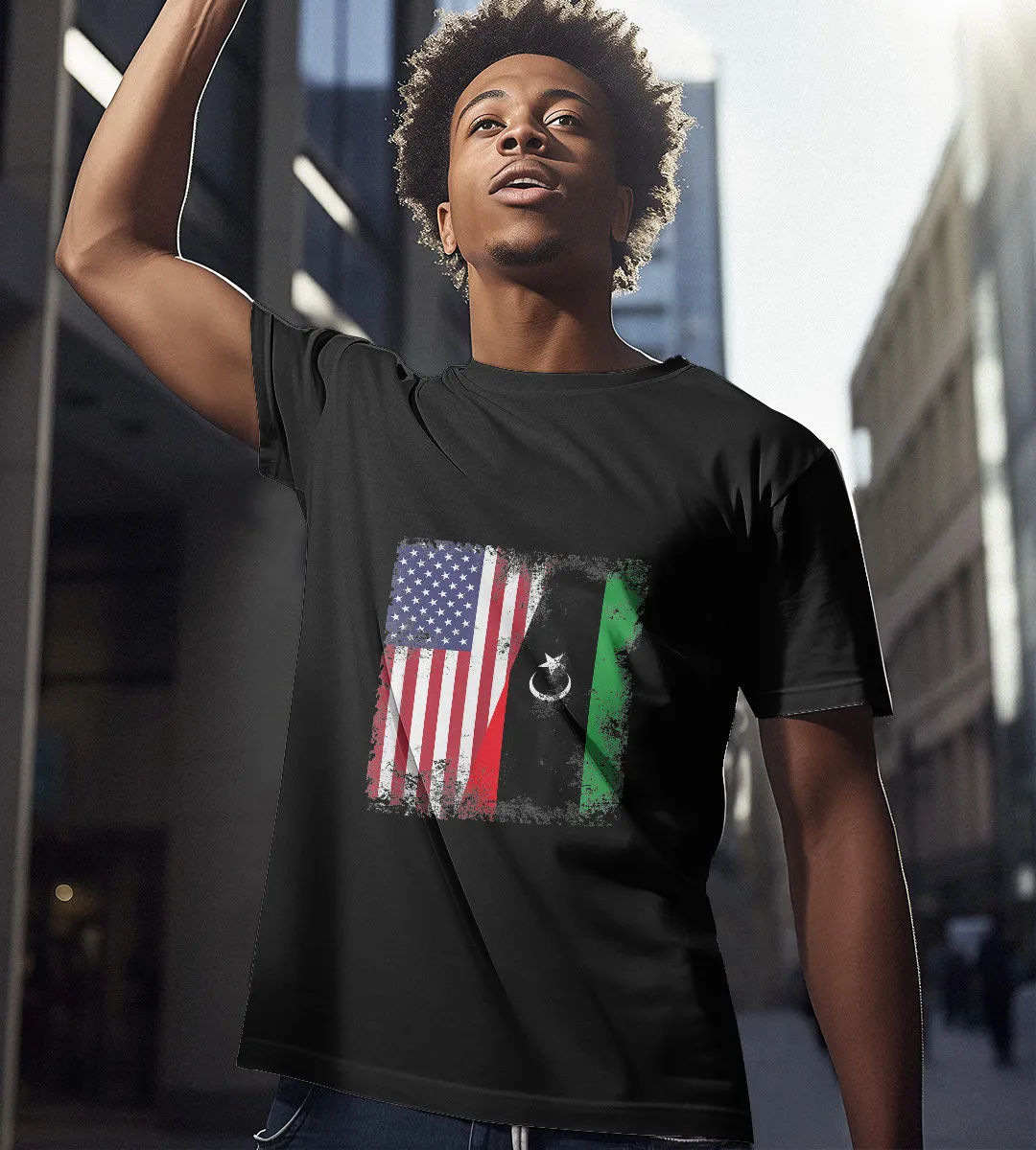 1sttheworld T-Shirt - Half Libyan Flag Half Usa Flag T-Shirt Black A35