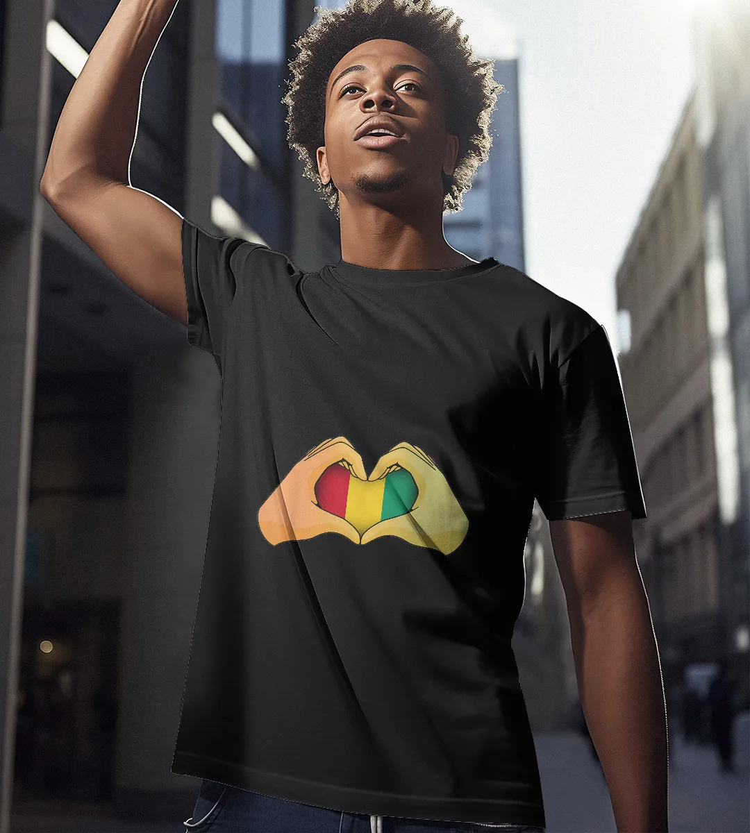 1sttheworld T-Shirt - Heart Shaped Hands Guinea Flag T-Shirt Black A35