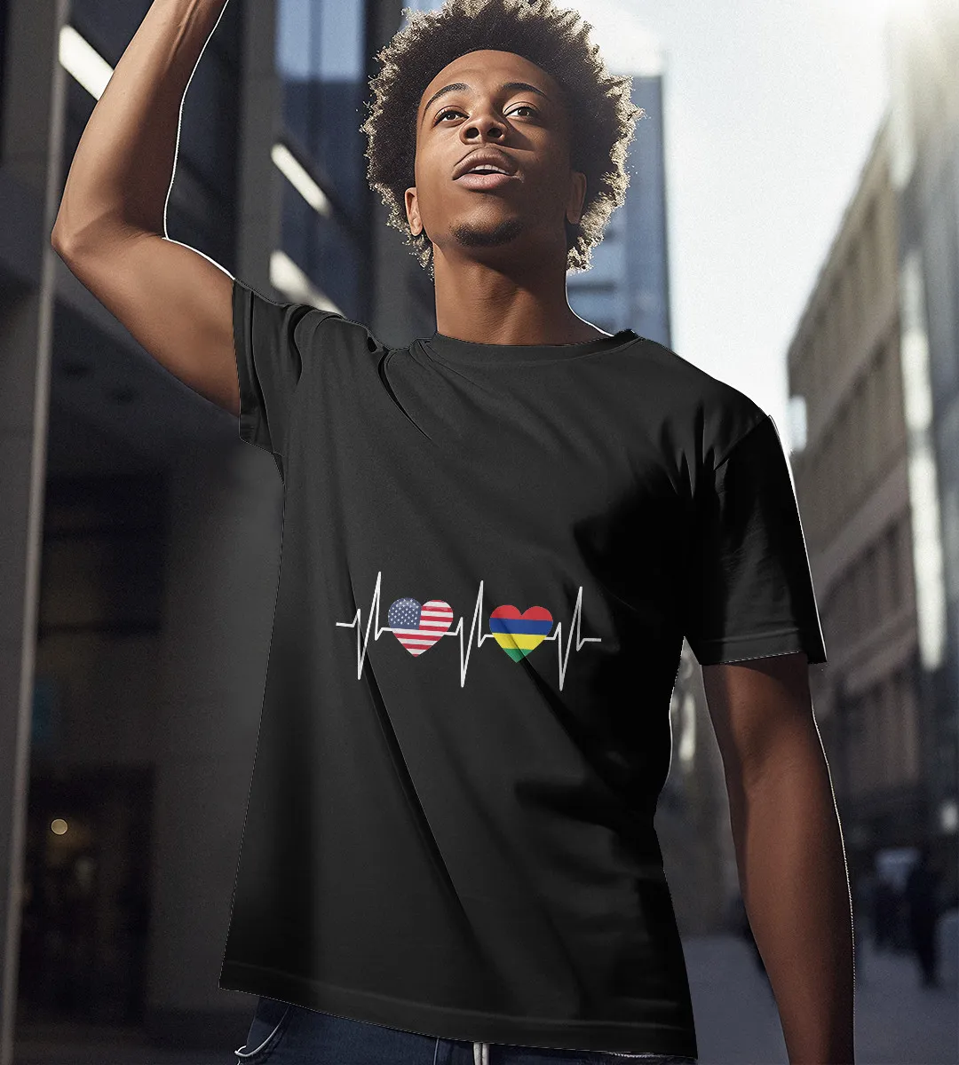 1sttheworld T-Shirt - Heartbeat America Mauritian Flag Heart T-Shirt Black A35