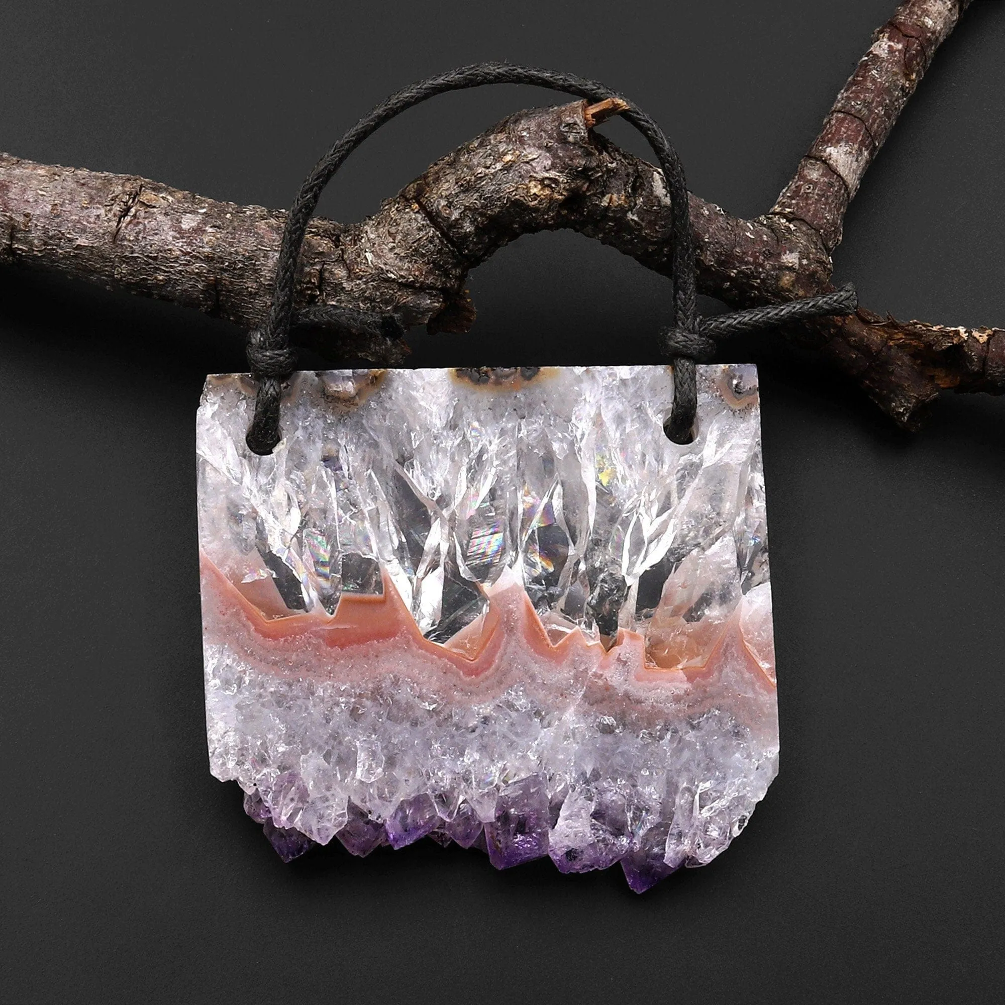 2 Hole Pendant Natural Peach Pink Purple Amethyst Stalactite Druzy Pendant Drilled Flat Slice Long Rectangle A1