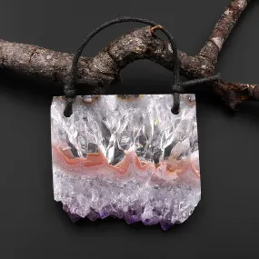 2 Hole Pendant Natural Peach Pink Purple Amethyst Stalactite Druzy Pendant Drilled Flat Slice Long Rectangle A1