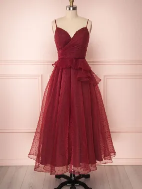 A Line Burgundy Tulle Prom Dresses, Burgundy Formal Evening Dresses