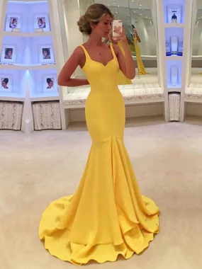 A Line Yellow Mermaid Prom Dresses with Sweep Train, Yellow Formal Dress