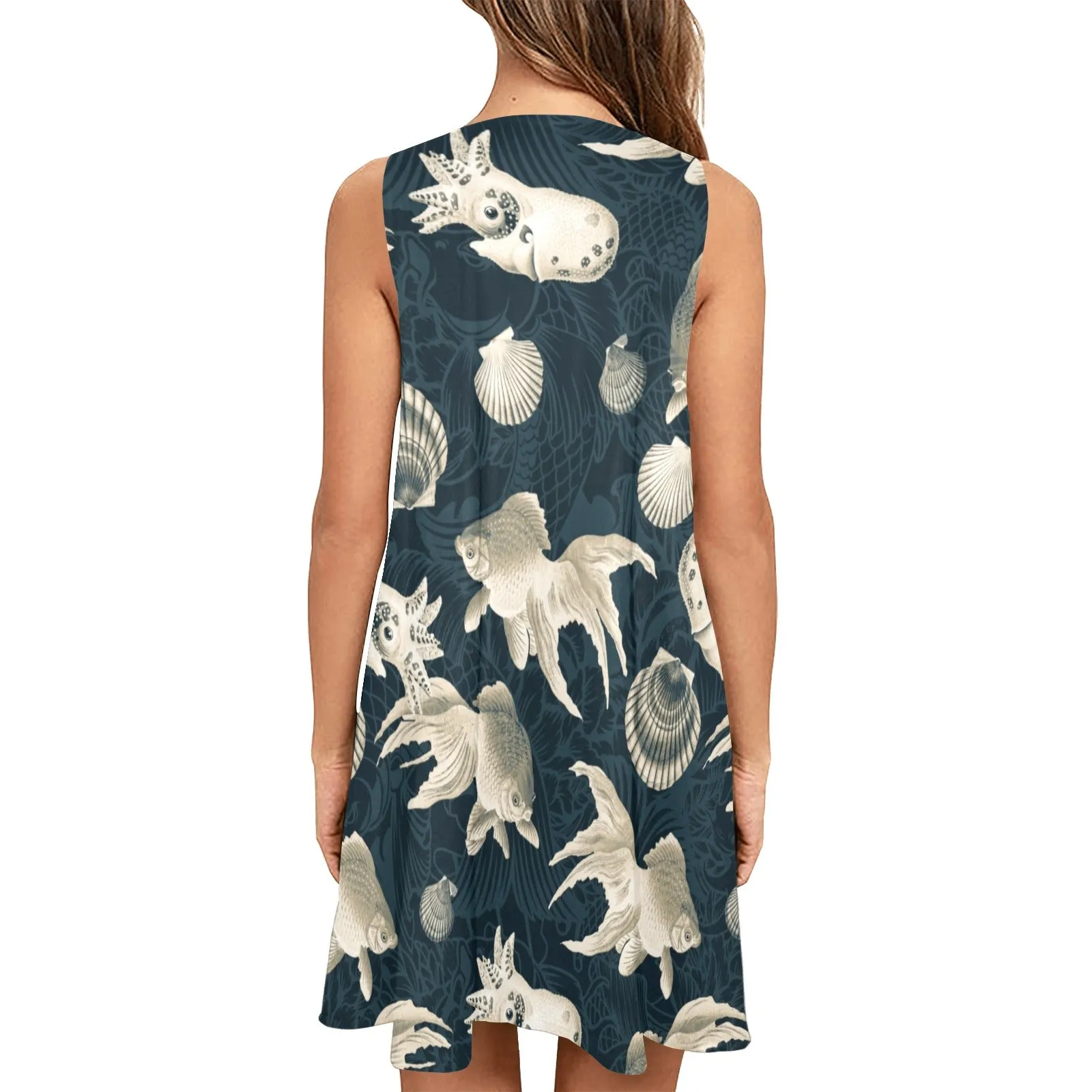 aqua world print 10 Sleeveless A-Line Pocket Dress (Model D57)