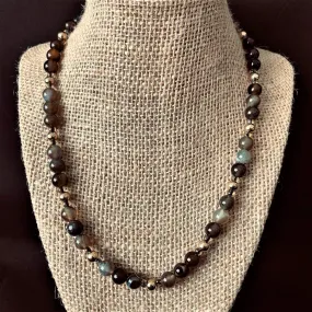 Brown Line Agate and Gold Bead Mens Necklace