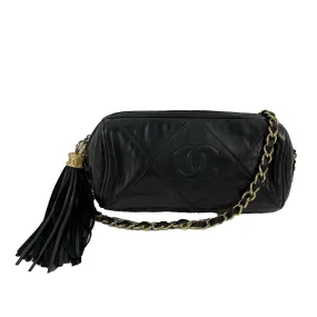 CHANEL - Excellent Vintage 1980's Black Mini Quilted CC Tassel Barrel Crossbody