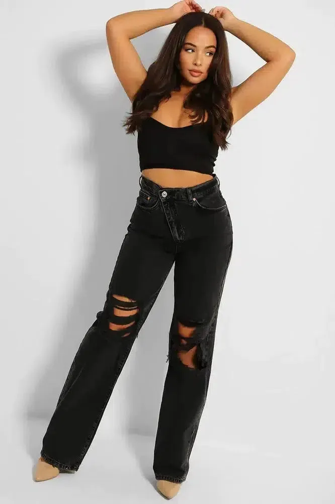 Charcoal Black Ripped Front Asymmetric Zip Wide Leg Jeans