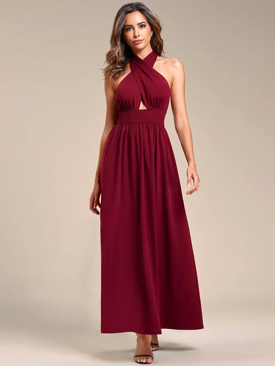 Convertible Halter A-Line Elastic Waist Tea Length Backless Bridesmaid Dress