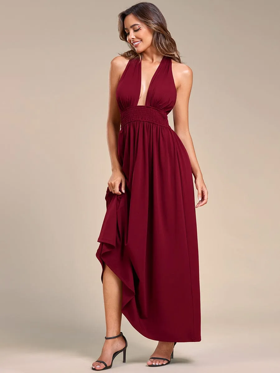 Convertible Halter A-Line Elastic Waist Tea Length Backless Bridesmaid Dress