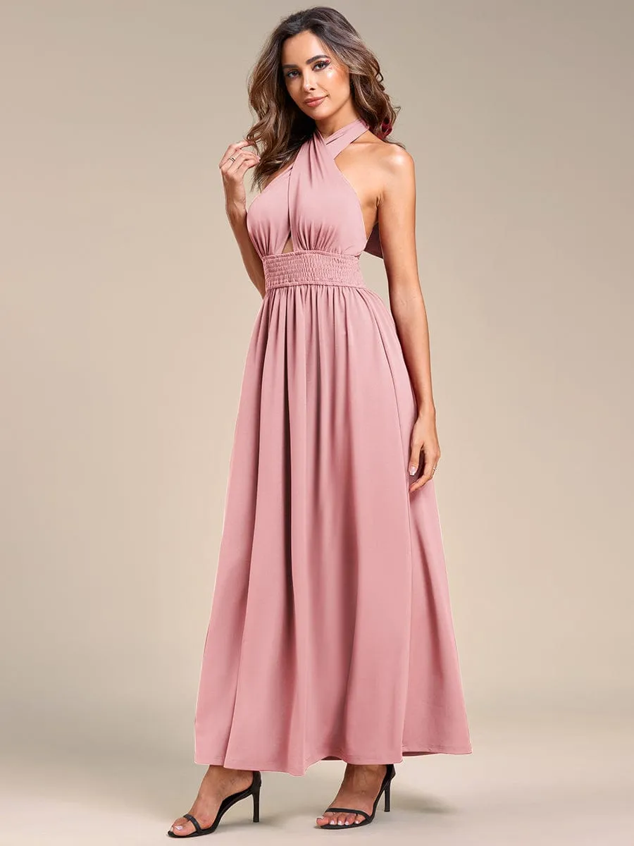 Convertible Halter A-Line Elastic Waist Tea Length Backless Bridesmaid Dress