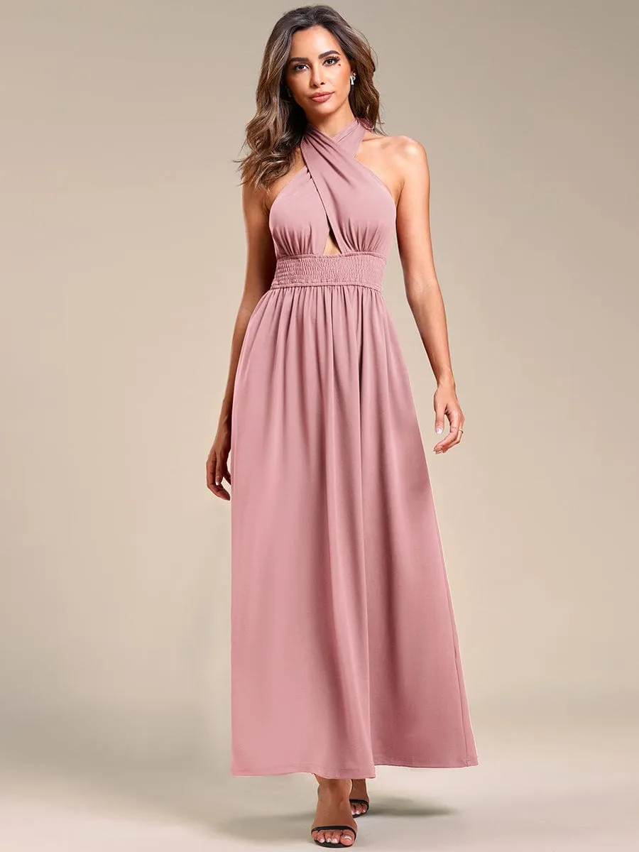 Convertible Halter A-Line Elastic Waist Tea Length Backless Bridesmaid Dress