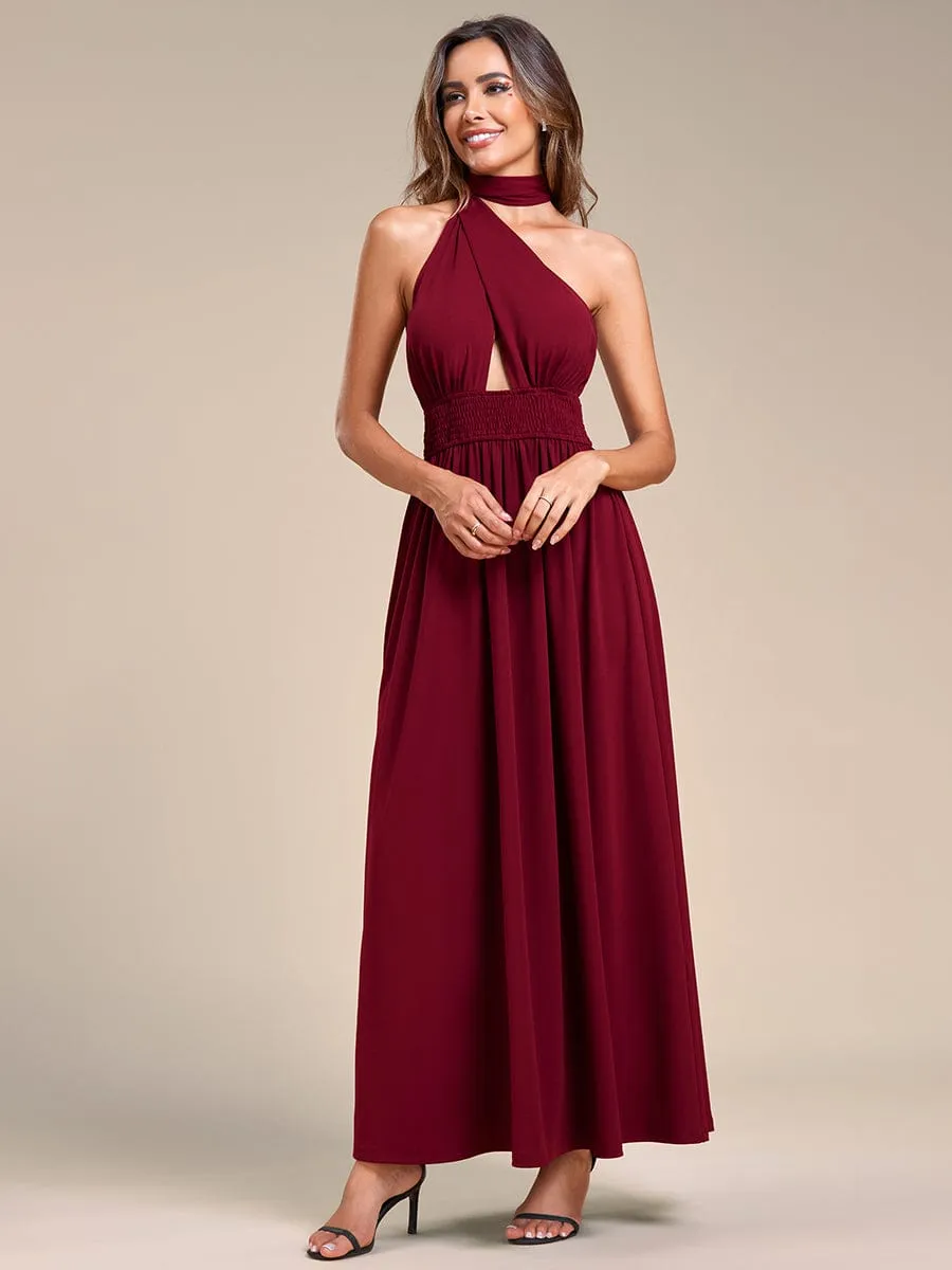 Convertible Halter A-Line Elastic Waist Tea Length Backless Bridesmaid Dress