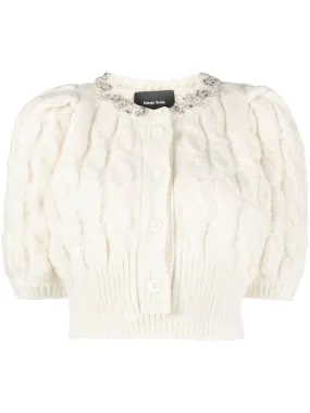 CROPPED CABLE PUFF SLEEVE CARDIGAN W/ EMBL