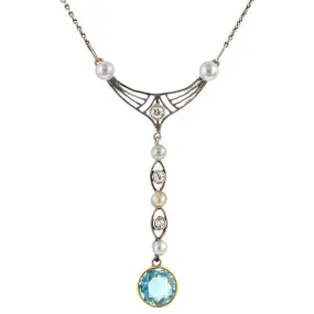 Edwardian Aquamarine Pearl & Diamond Necklace