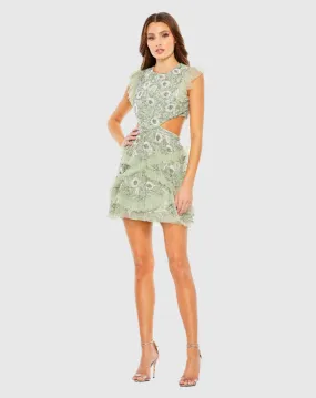 Embellished Jewel Neck Tulle Ruffle Mini Dress