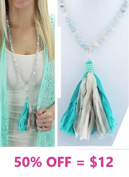 Frosted Beaded necklace with Blue fabric tassel