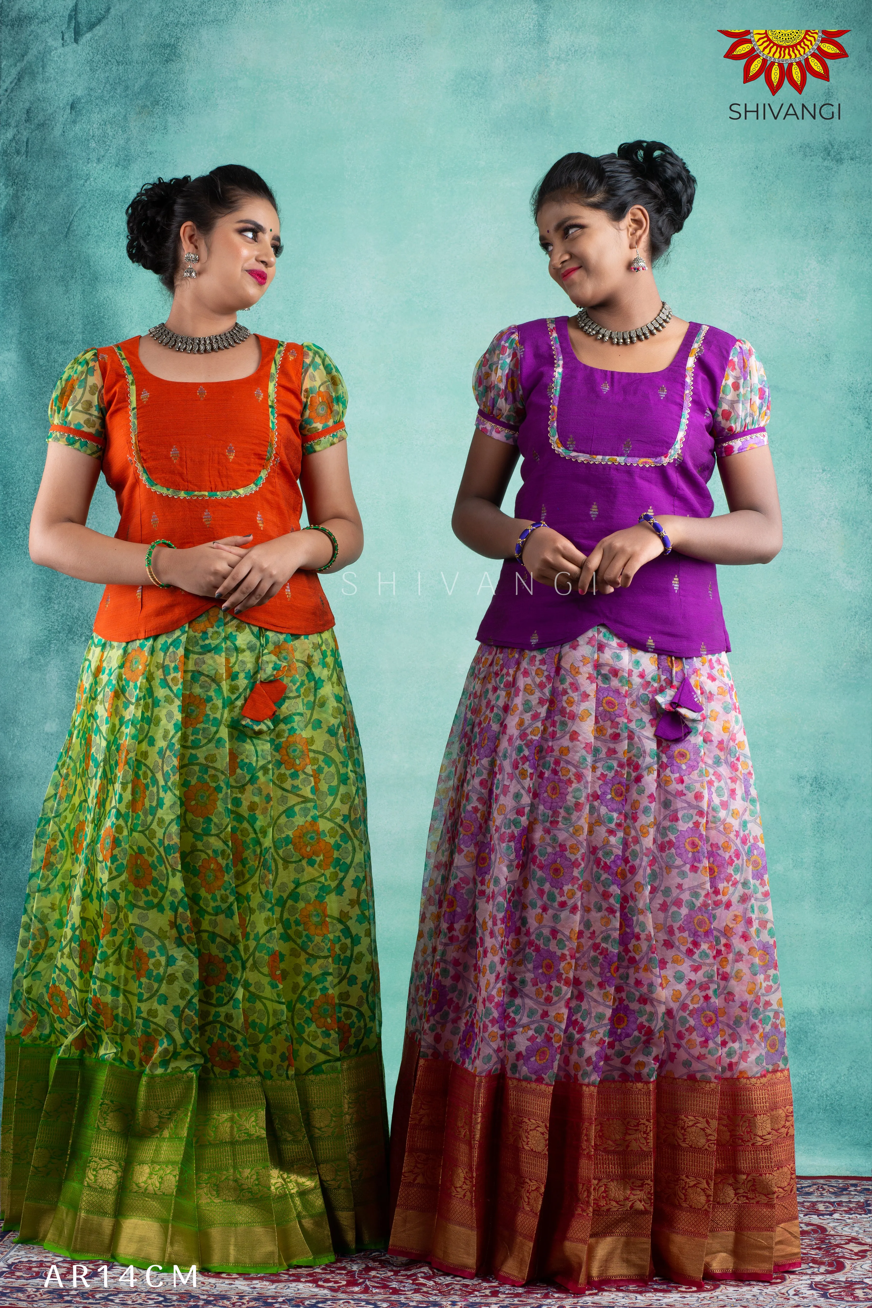 Girls Cream Organza Pen Kalamkari Pattu Pavadai