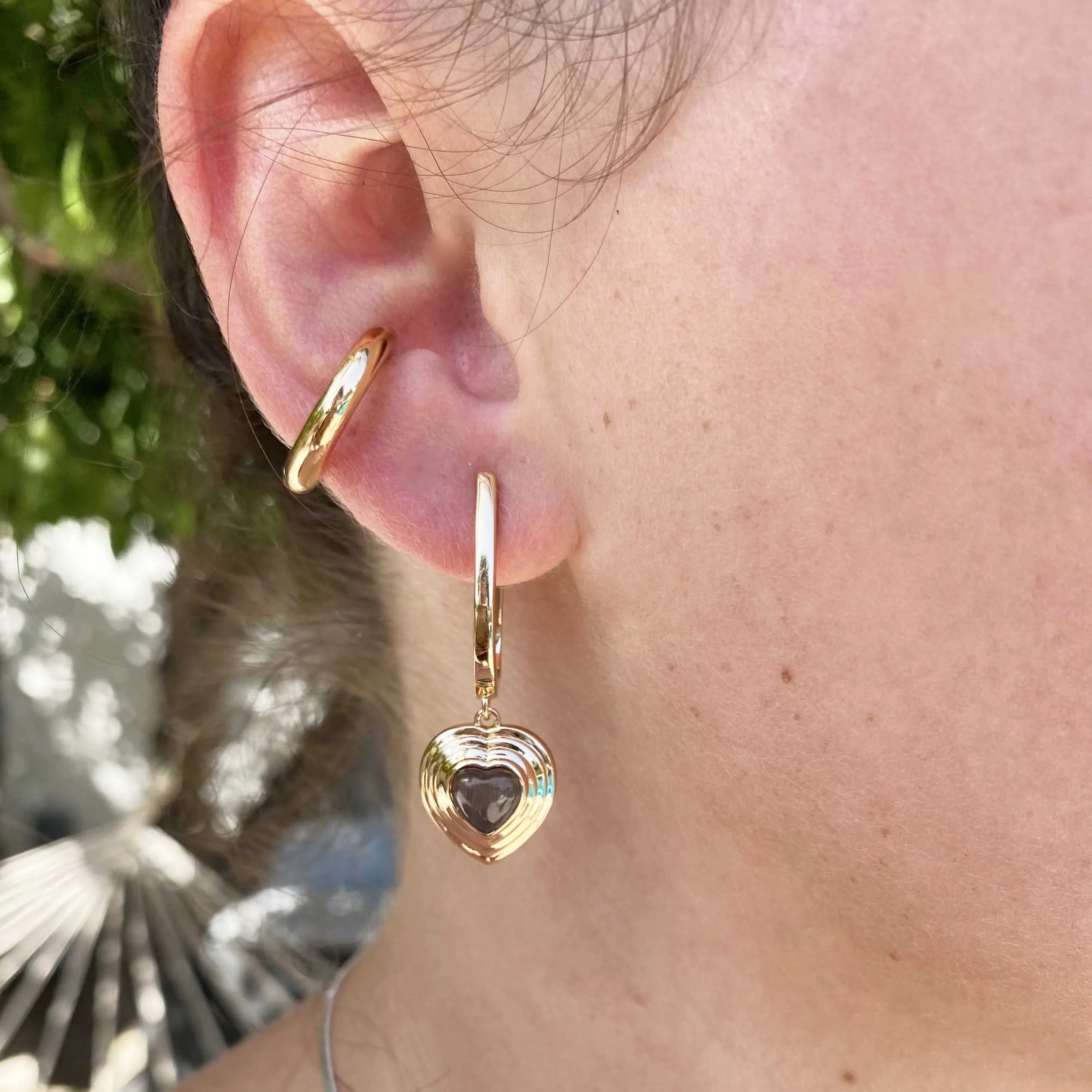 Heart of Stone Hoop Earrings- Black Tiger's Eye