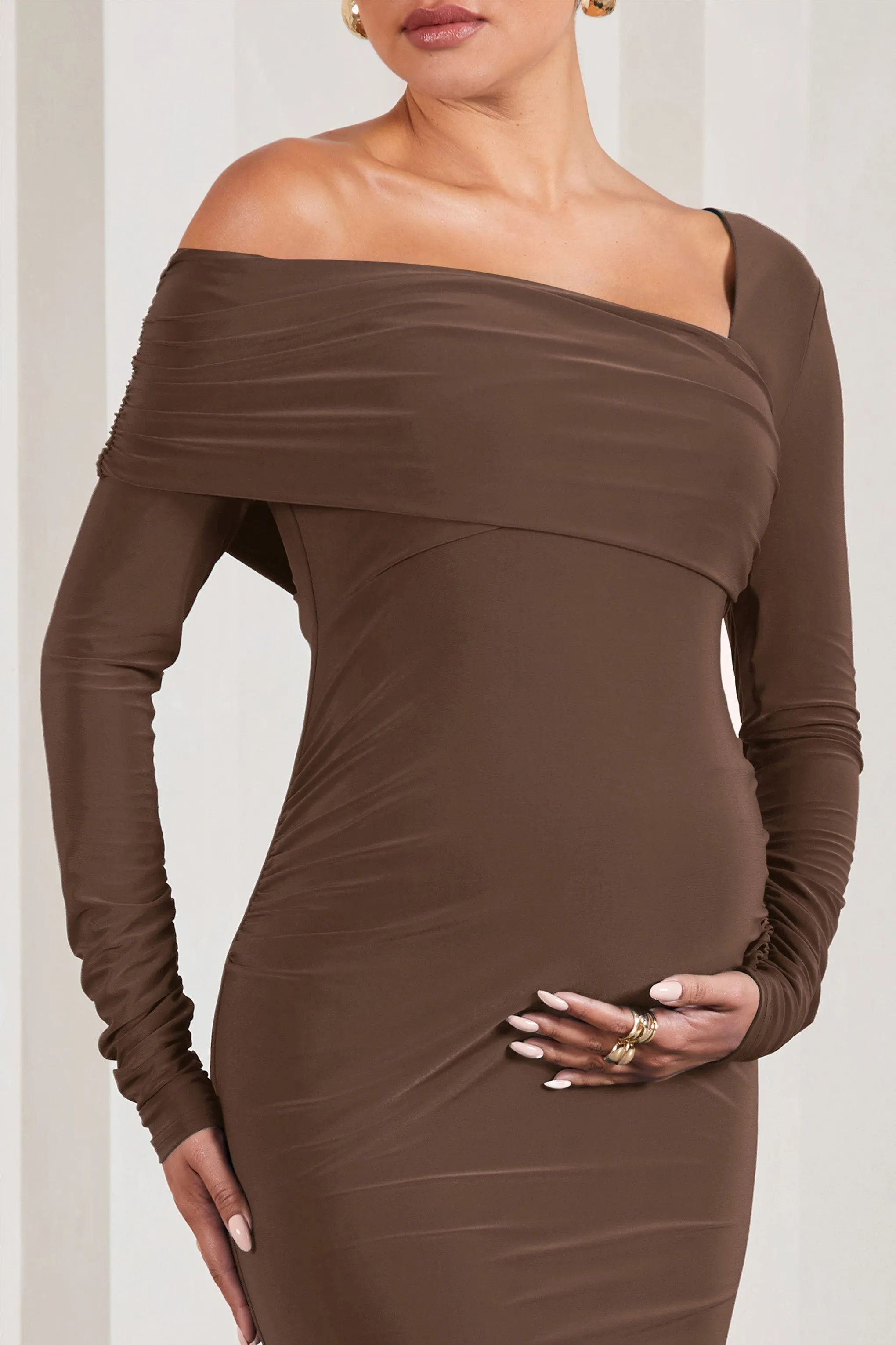 Heartbeat | Chocolate One-Shoulder Long-Sleeved Maternity Midi Dress