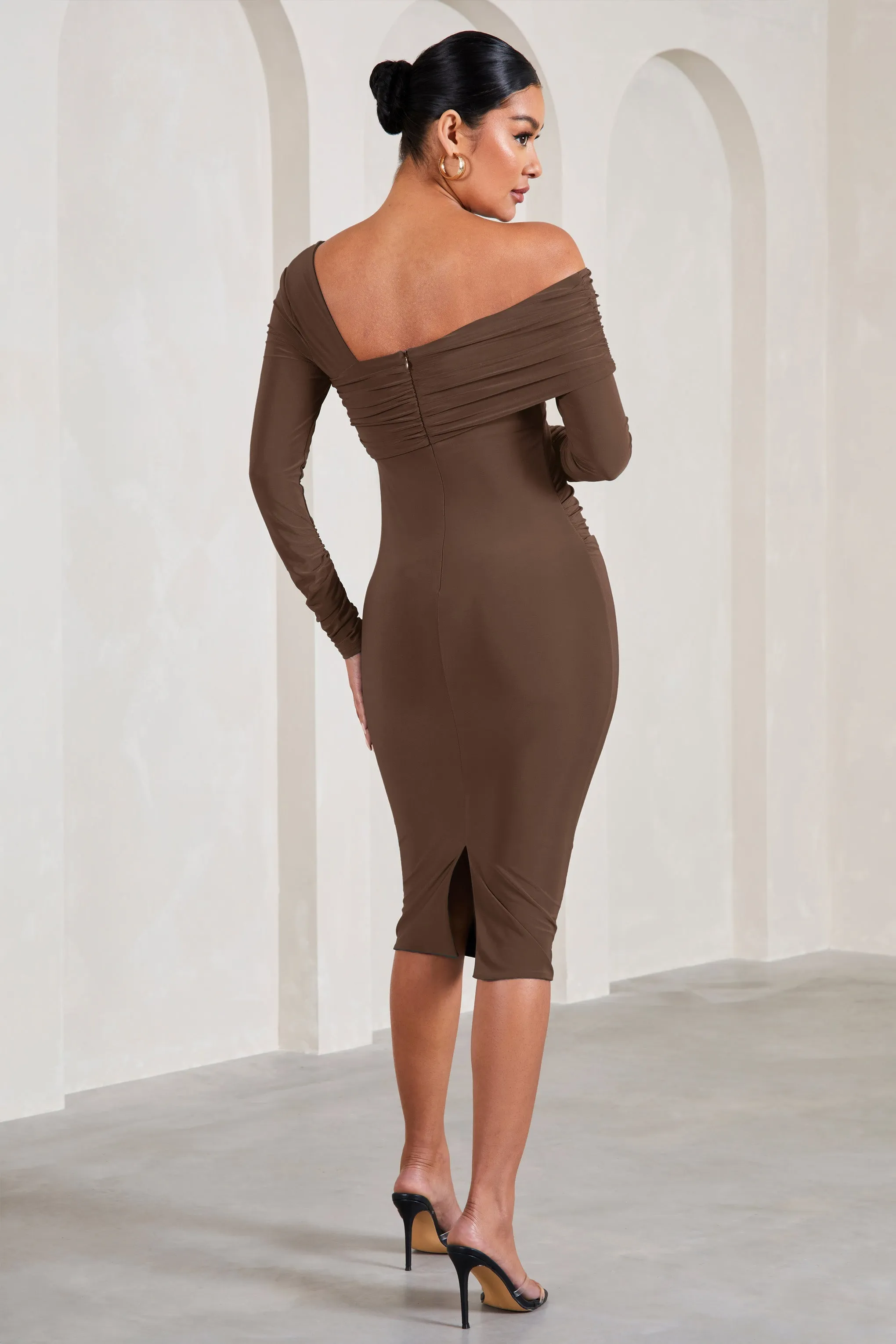 Heartbeat | Chocolate One-Shoulder Long-Sleeved Maternity Midi Dress