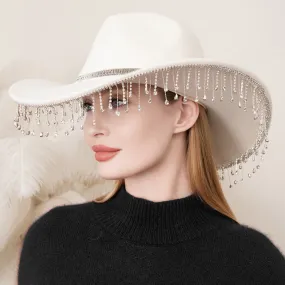 Ivory Rhinestone Embellished Band Pointed Rhinestone Stone Paved Fringe Around Cowboy Western Hat