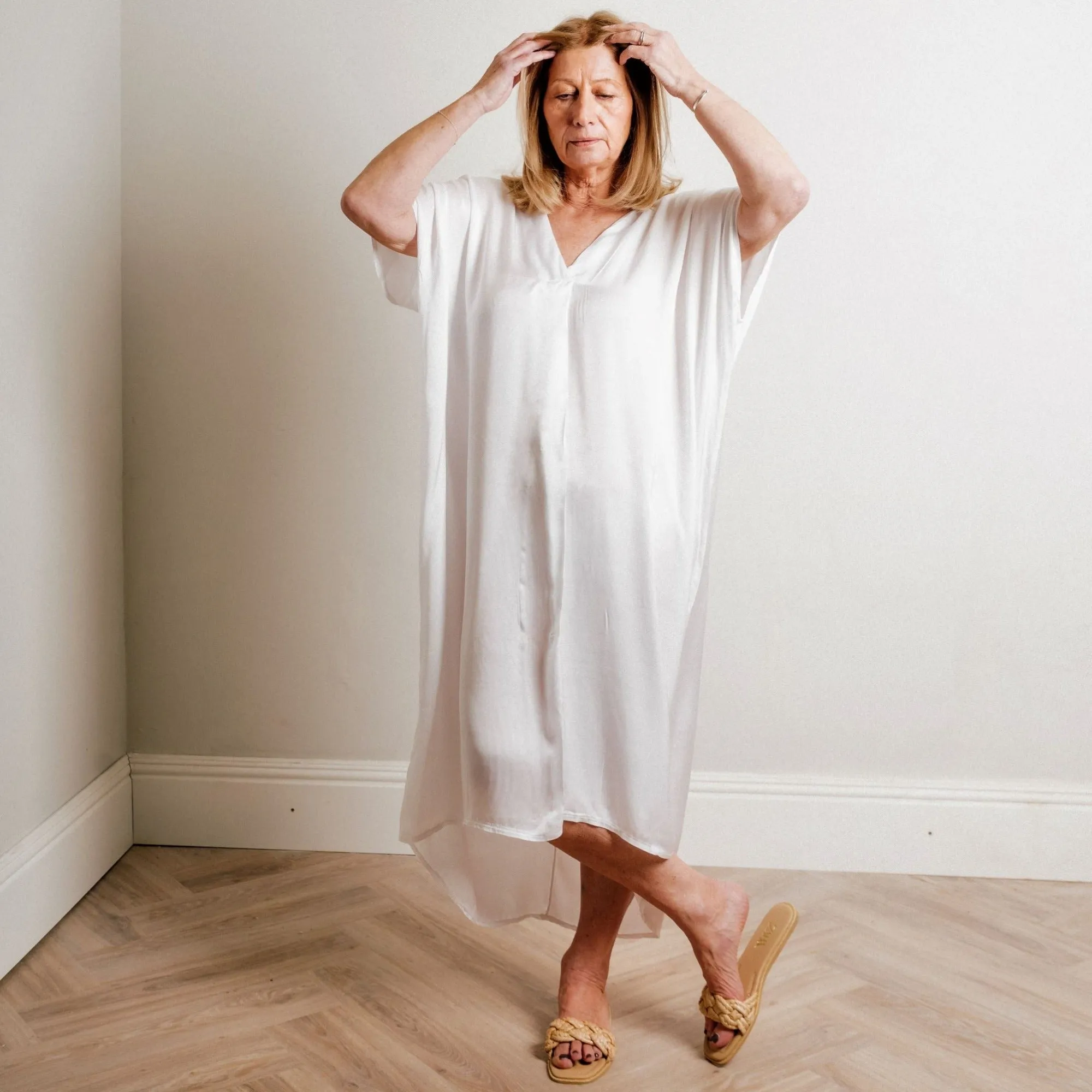 Ivory Silky Soft Mid Length Kaftan Day and Beach Dress.