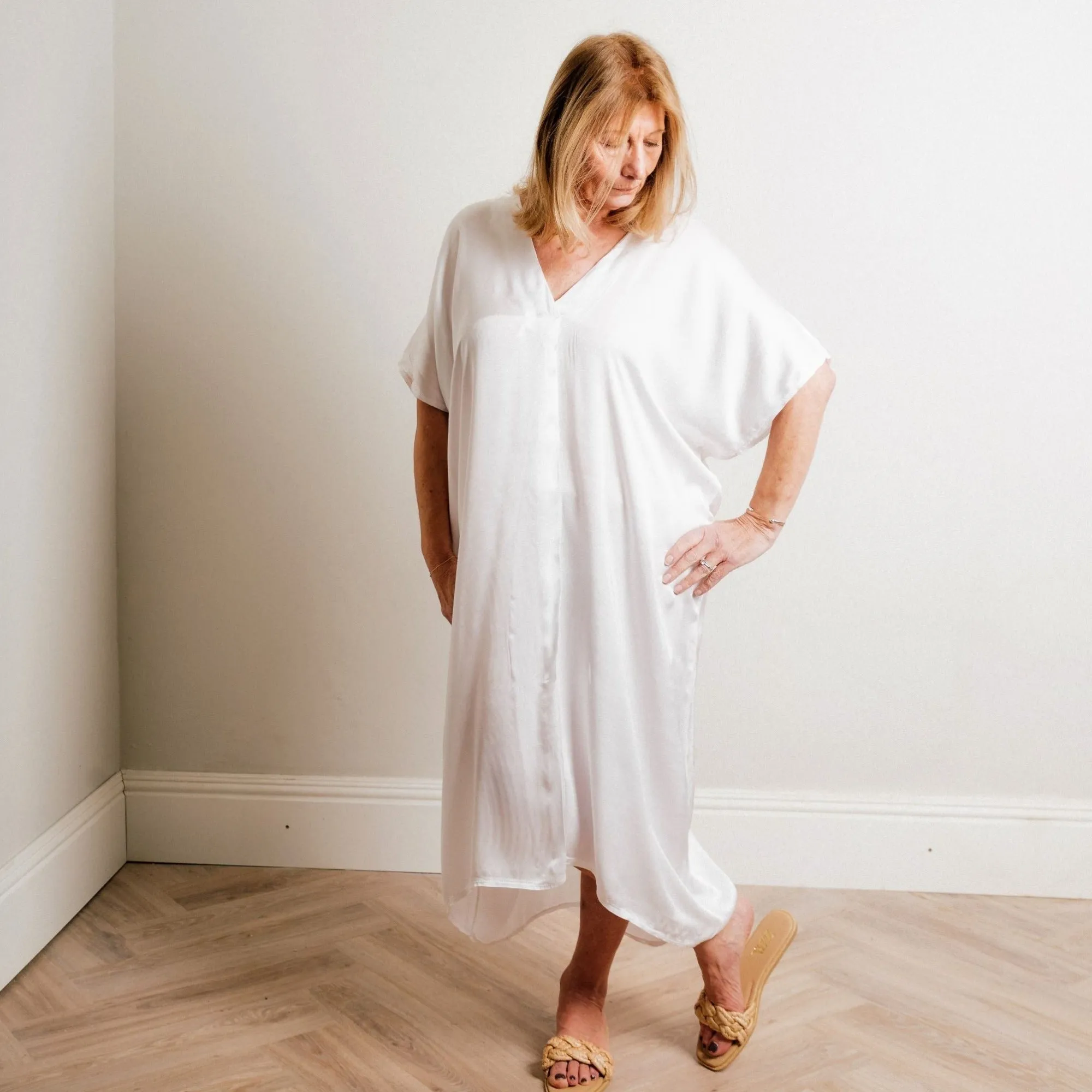 Ivory Silky Soft Mid Length Kaftan Day and Beach Dress.