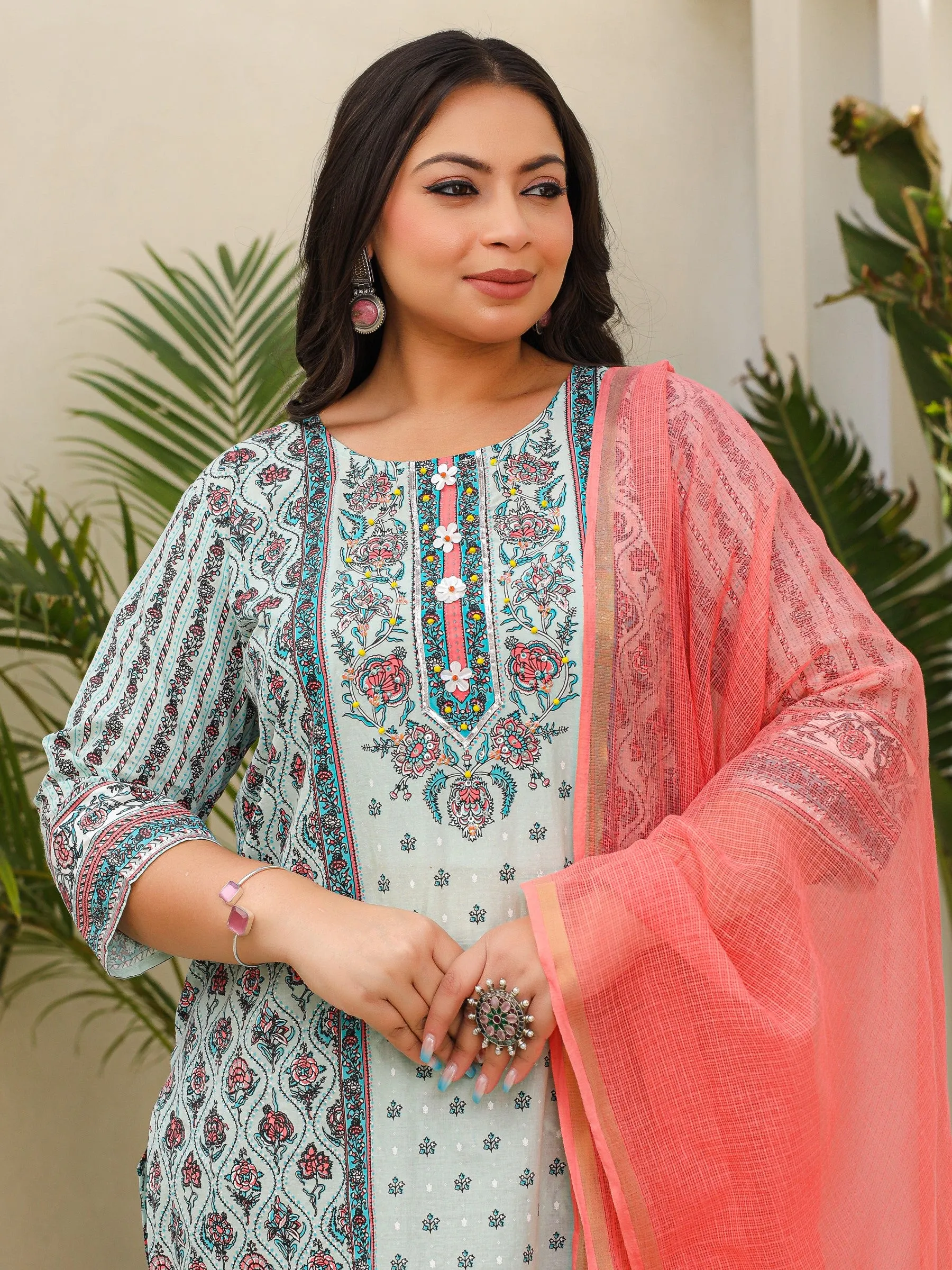 Juniper Mint Ethnic Motif Printed Cotton Cambric Plus Size Kurta Palazzo & Dupatta Set With Beads & Sequins (3-Pcs)