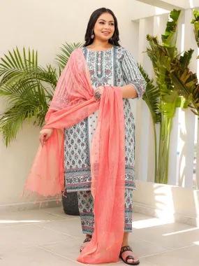 Juniper Mint Ethnic Motif Printed Cotton Cambric Plus Size Kurta Palazzo & Dupatta Set With Beads & Sequins (3-Pcs)