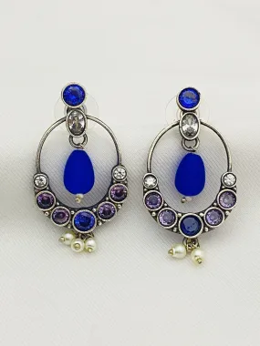 Lovely Blue Stone Beaded Oval Shaped Silver Toned Oxidized Earrings With Pearl Drops