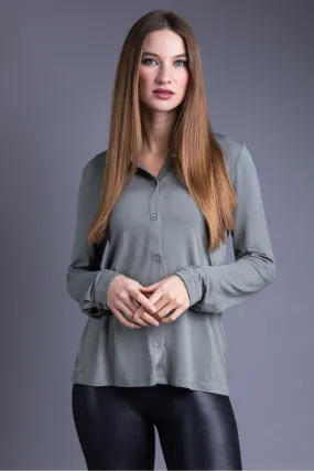 Majestic Long Sleeve Viscose Button Down Shirt in Kaki Army