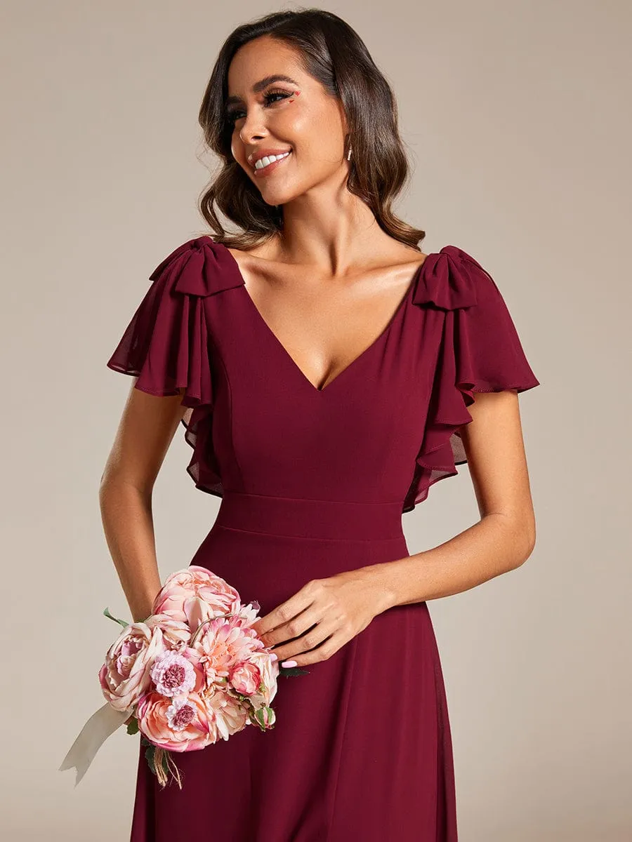 Short Sleeves with Bowknot High Front Slit A-Line Chiffon Bridesmaid Dress