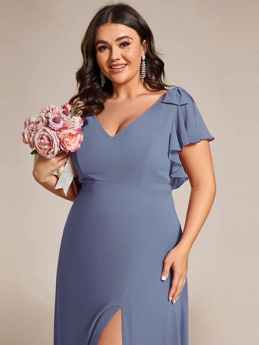 Short Sleeves with Bowknot High Front Slit A-Line Chiffon Bridesmaid Dress