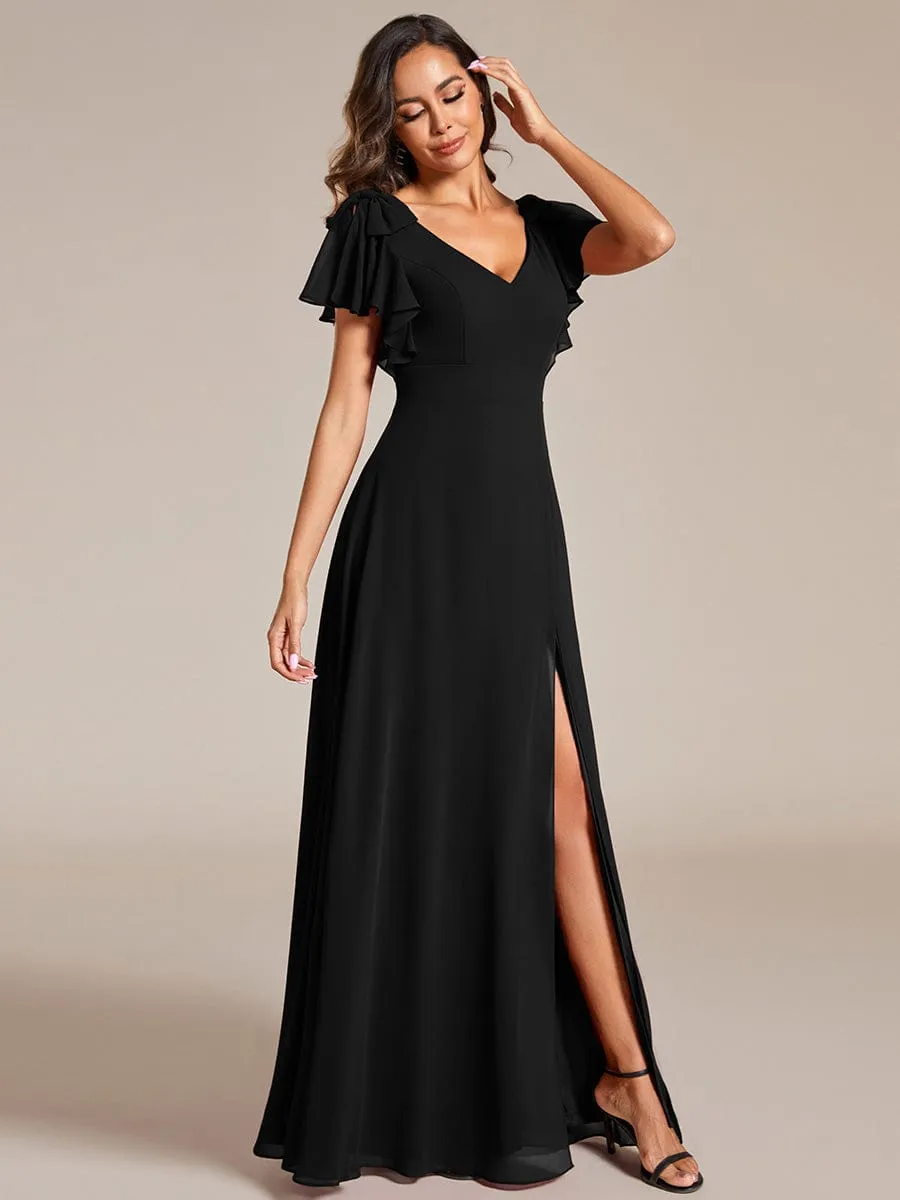 Short Sleeves with Bowknot High Front Slit A-Line Chiffon Bridesmaid Dress