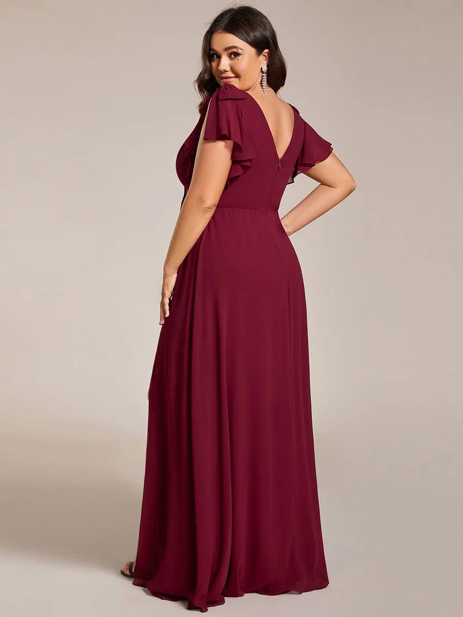 Short Sleeves with Bowknot High Front Slit A-Line Chiffon Bridesmaid Dress