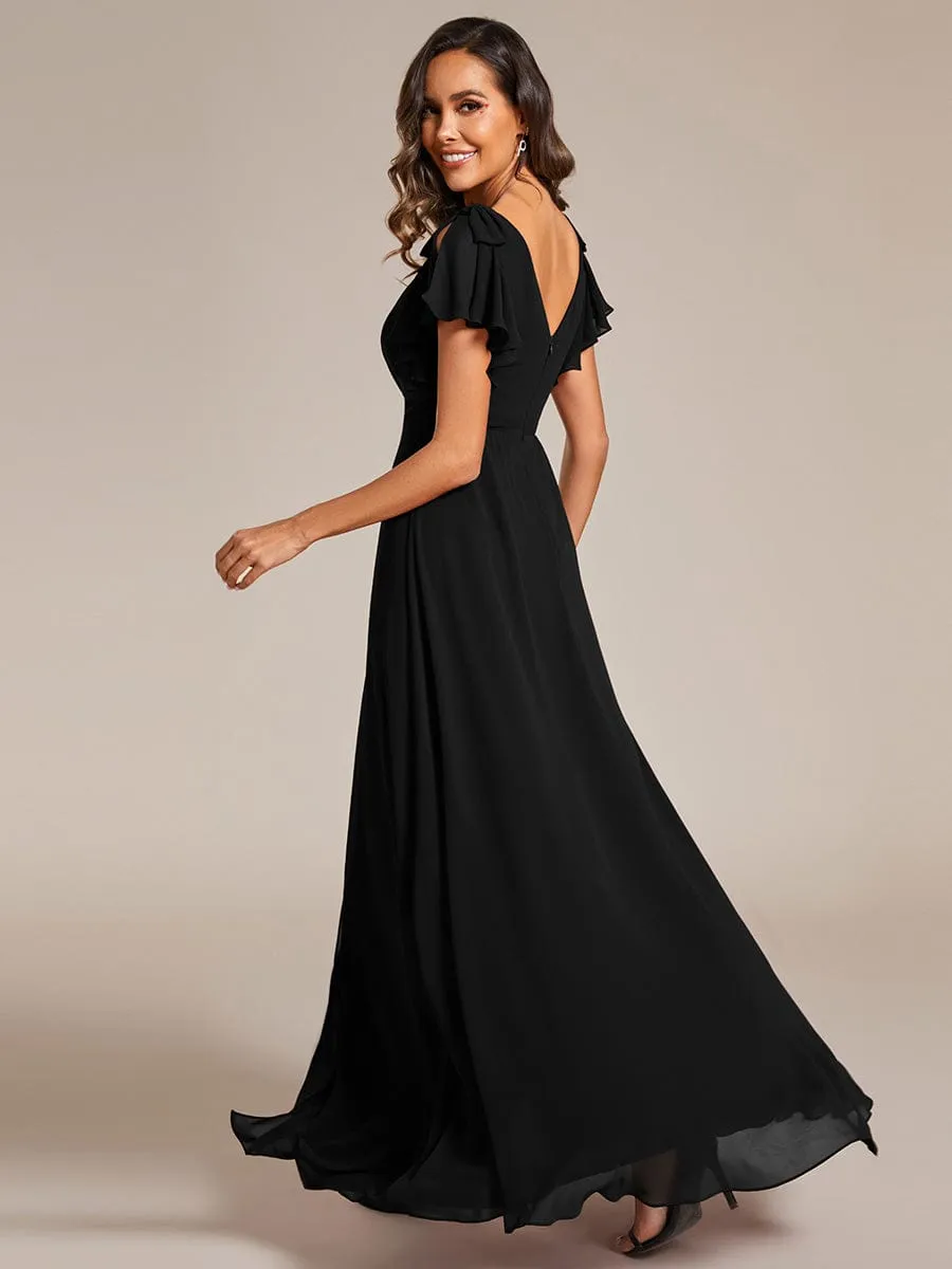 Short Sleeves with Bowknot High Front Slit A-Line Chiffon Bridesmaid Dress