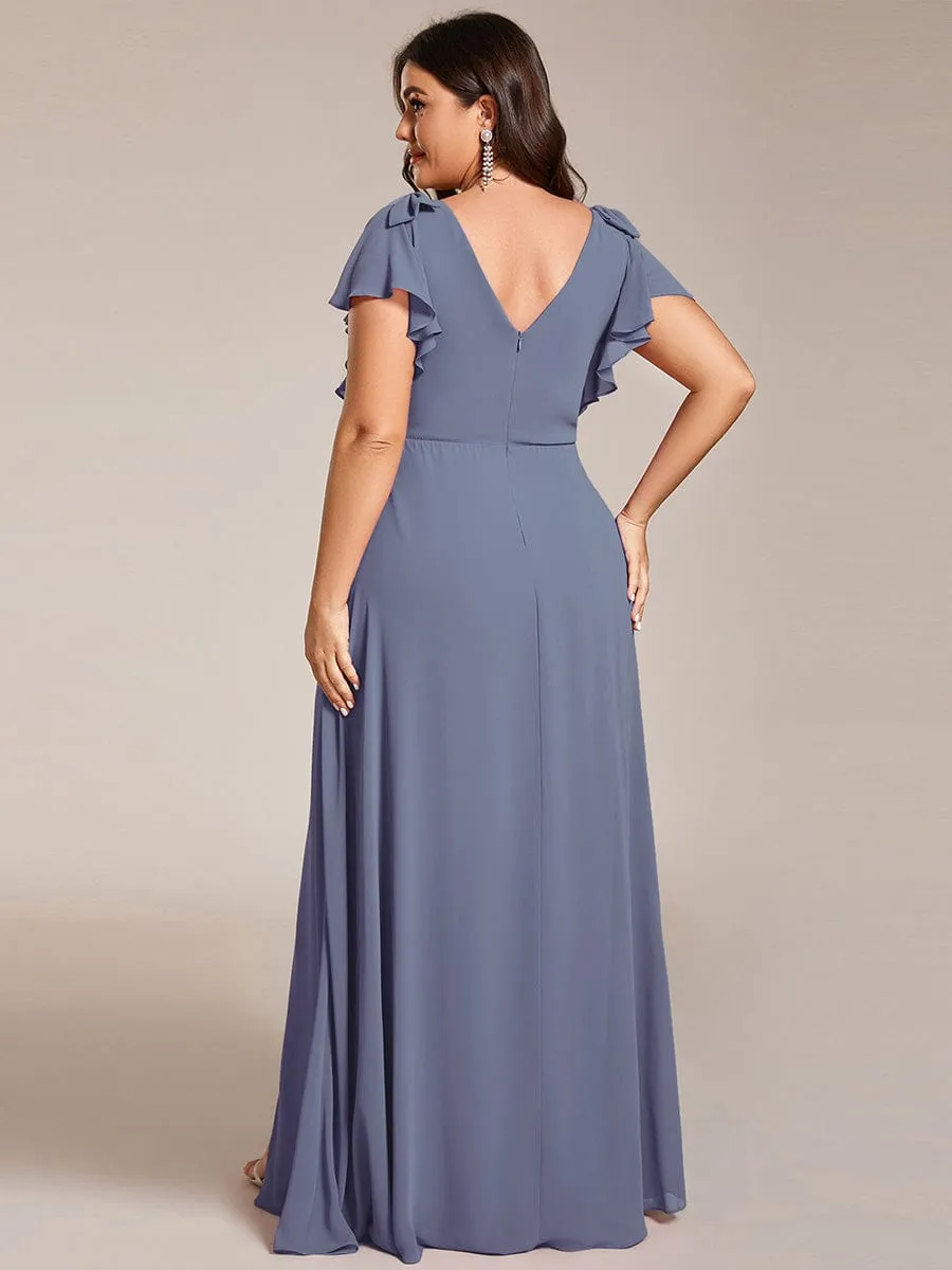 Short Sleeves with Bowknot High Front Slit A-Line Chiffon Bridesmaid Dress