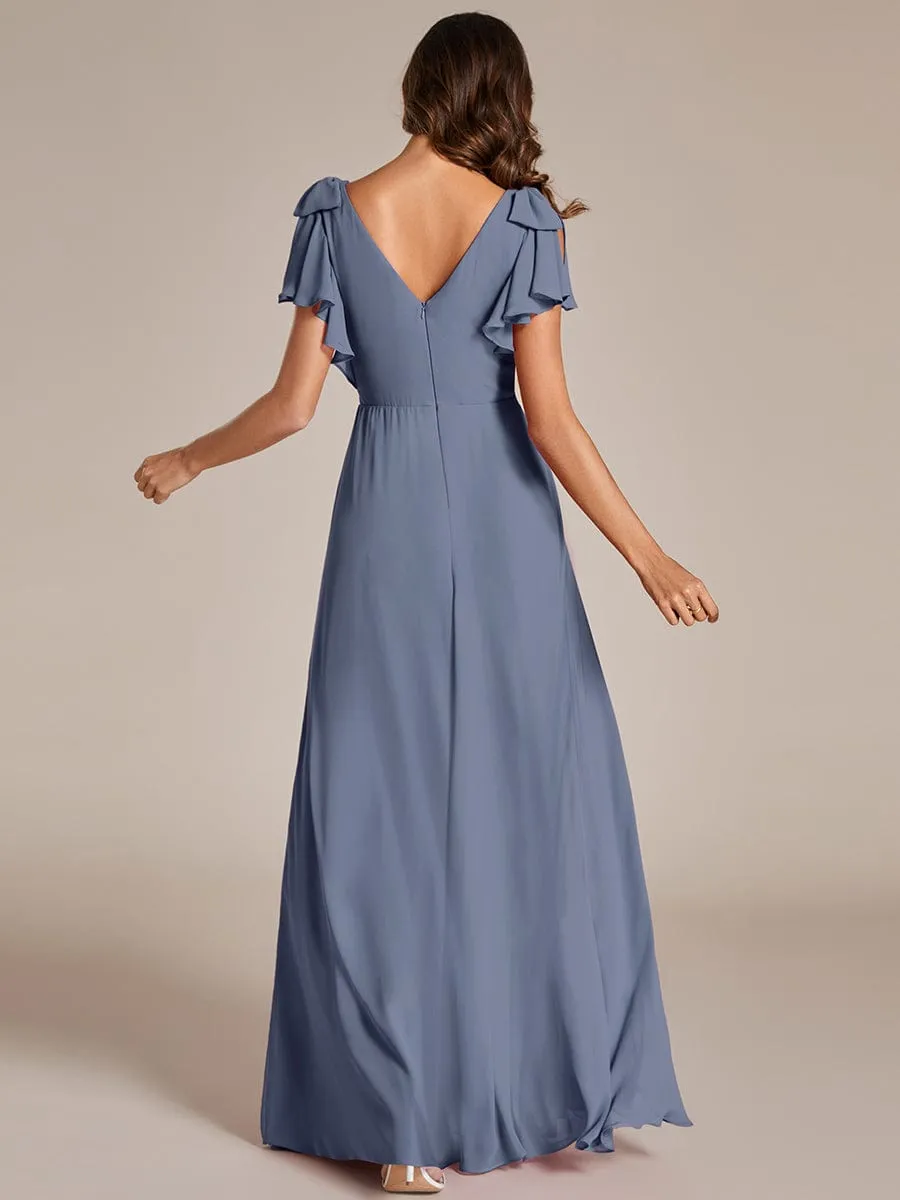 Short Sleeves with Bowknot High Front Slit A-Line Chiffon Bridesmaid Dress