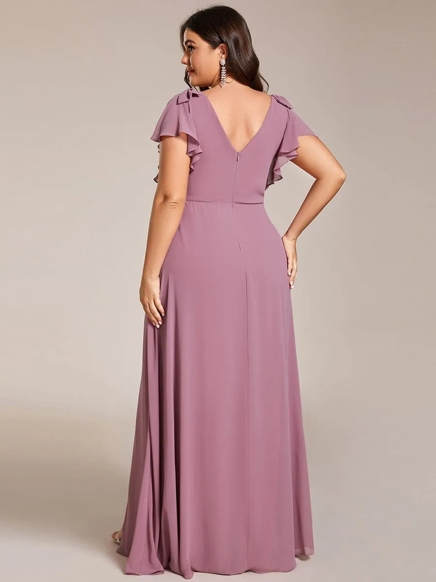 Short Sleeves with Bowknot High Front Slit A-Line Chiffon Bridesmaid Dress