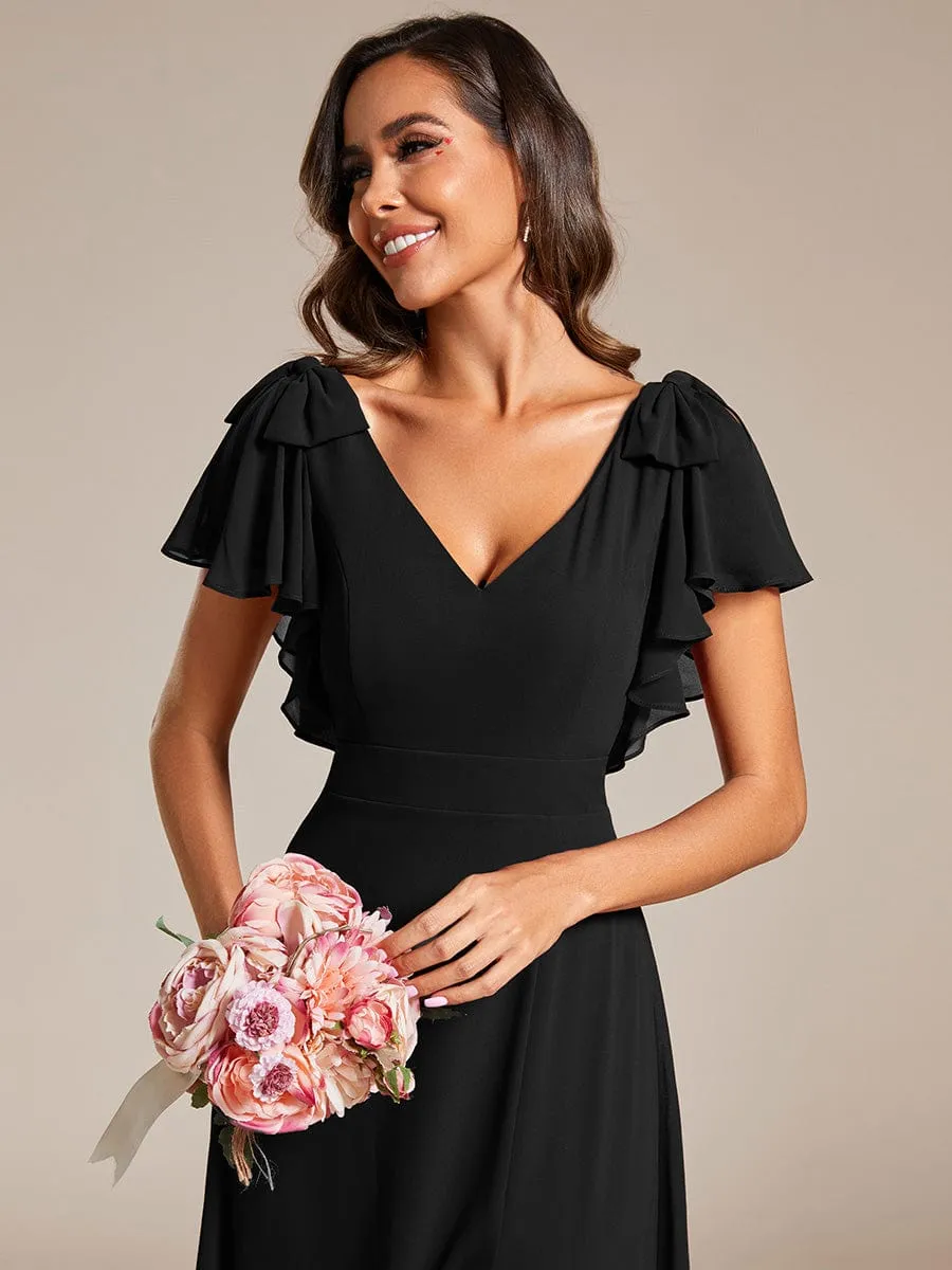 Short Sleeves with Bowknot High Front Slit A-Line Chiffon Bridesmaid Dress