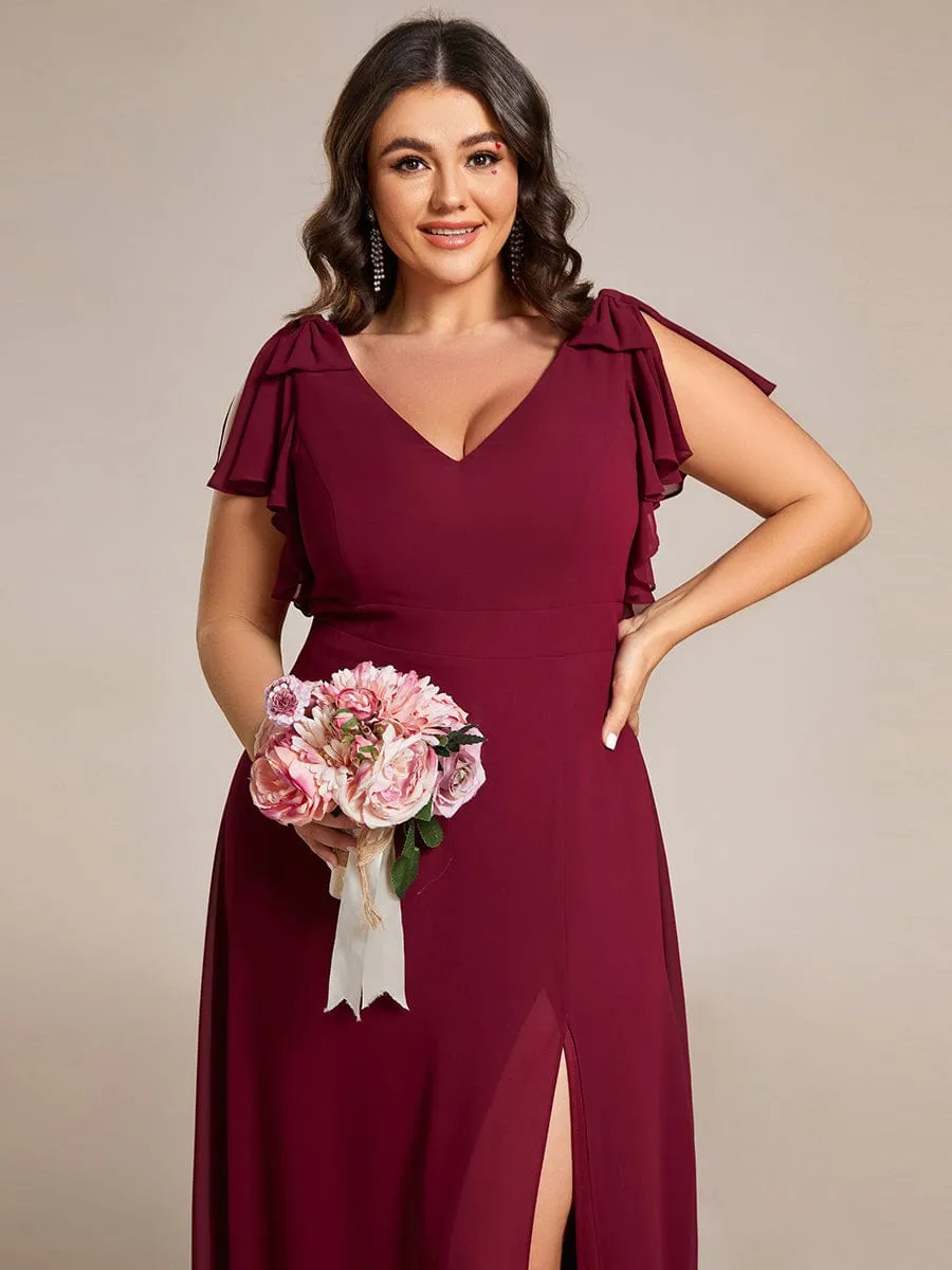 Short Sleeves with Bowknot High Front Slit A-Line Chiffon Bridesmaid Dress