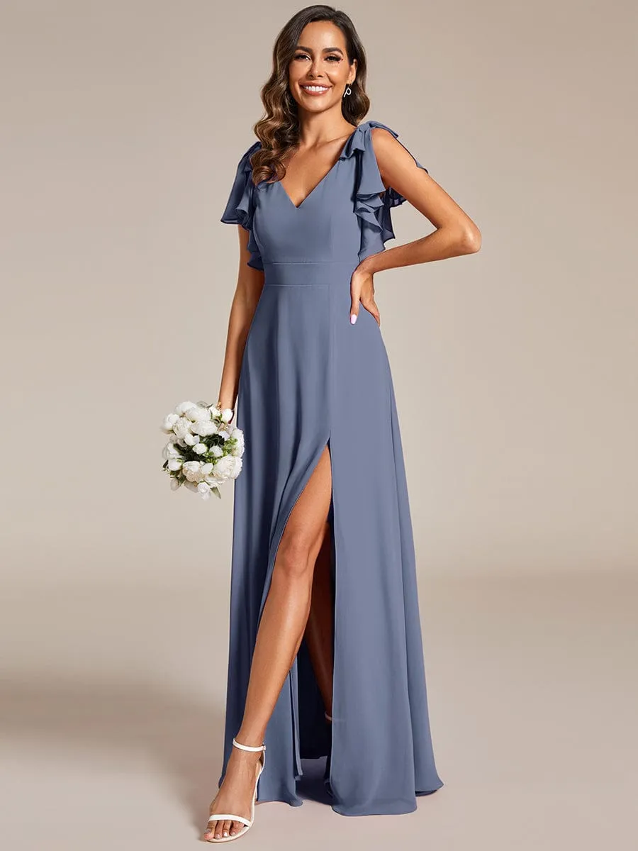 Short Sleeves with Bowknot High Front Slit A-Line Chiffon Bridesmaid Dress