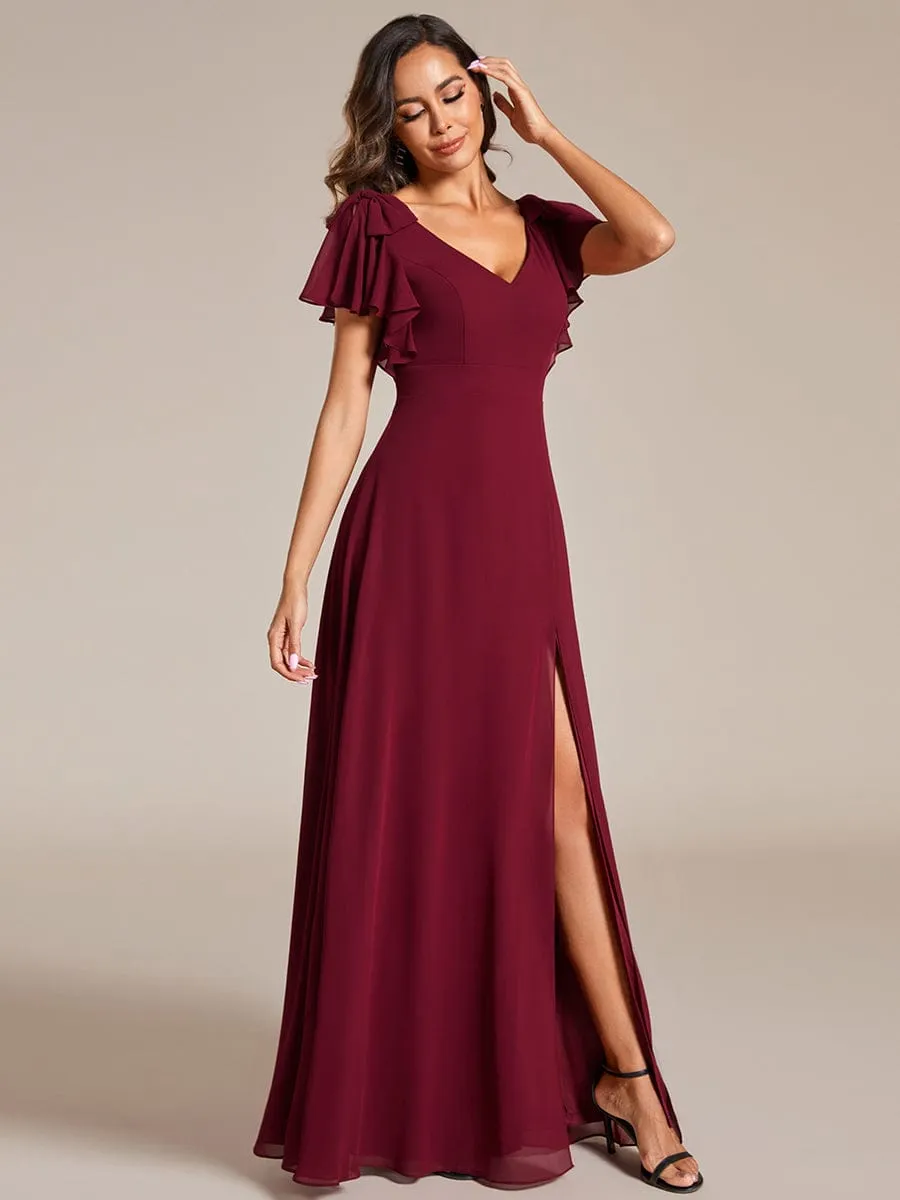 Short Sleeves with Bowknot High Front Slit A-Line Chiffon Bridesmaid Dress