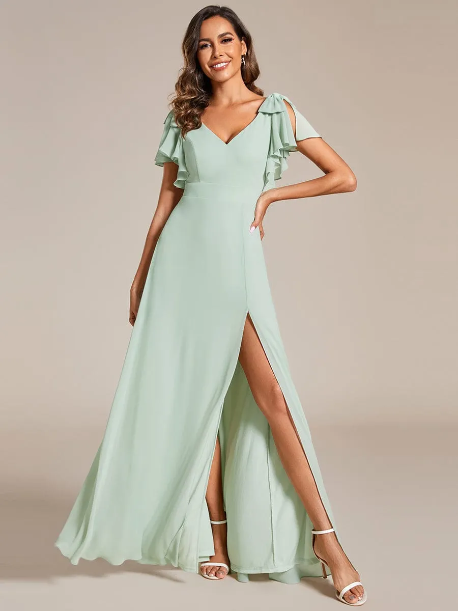 Short Sleeves with Bowknot High Front Slit A-Line Chiffon Bridesmaid Dress