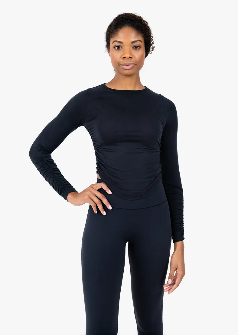 Silk Ruched Long Sleeve Top Black